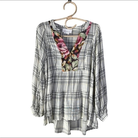 Anthro Darlene Metallic Floral Plaid Peasant Split Neck Linen Blend Tunic NWOT - Picture 2 of 14